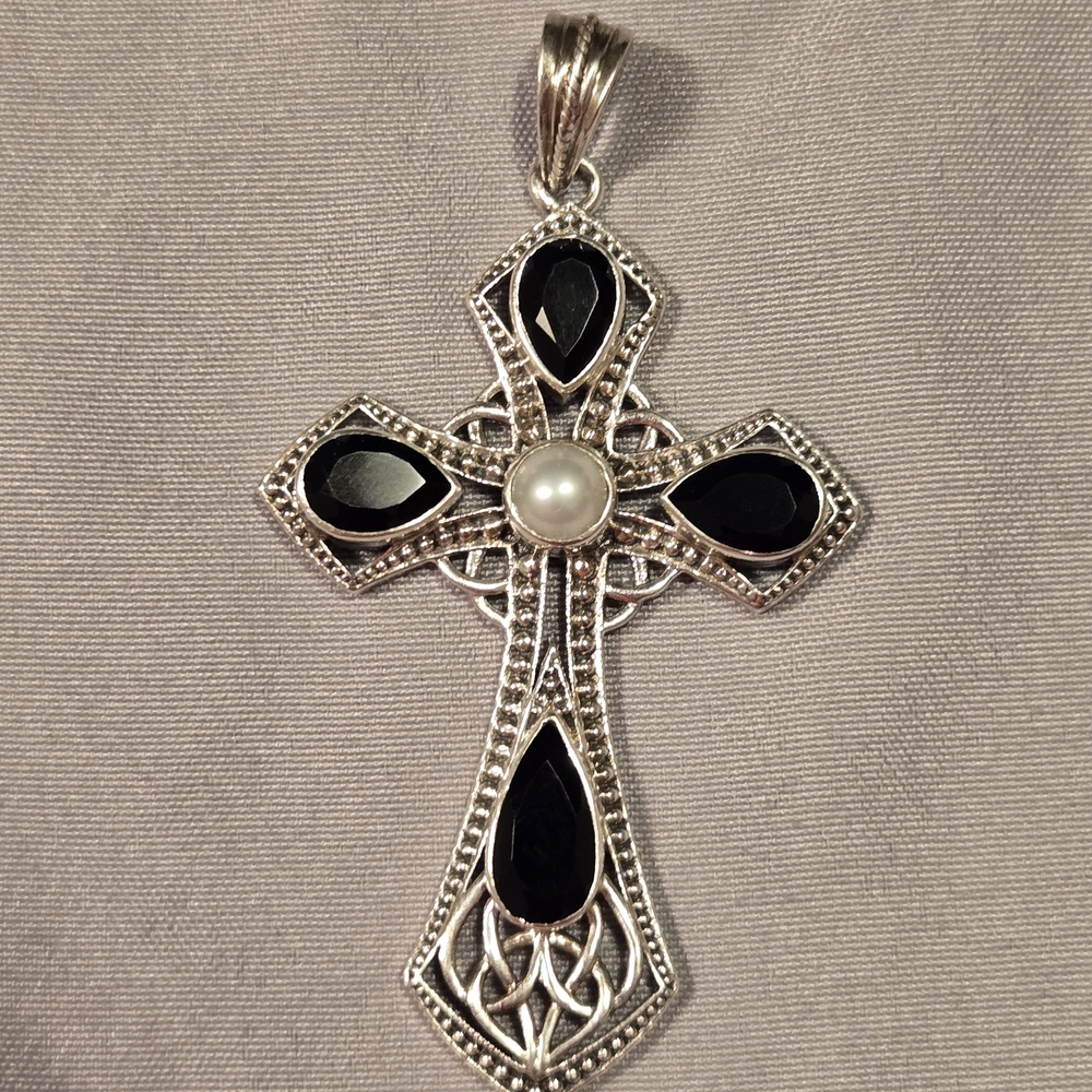 Nicky Butler Silver Cross Necklace with Black and Pearl Accents